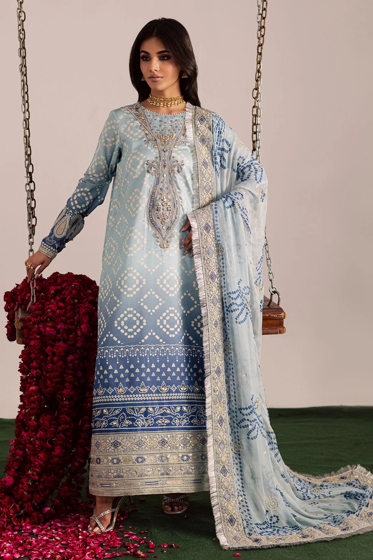 green emerald velvet dress All-Over Print Embroidered Lawn Dress with Chiffon Dupatta (DZ18010) –  DressyZone.com main image 1