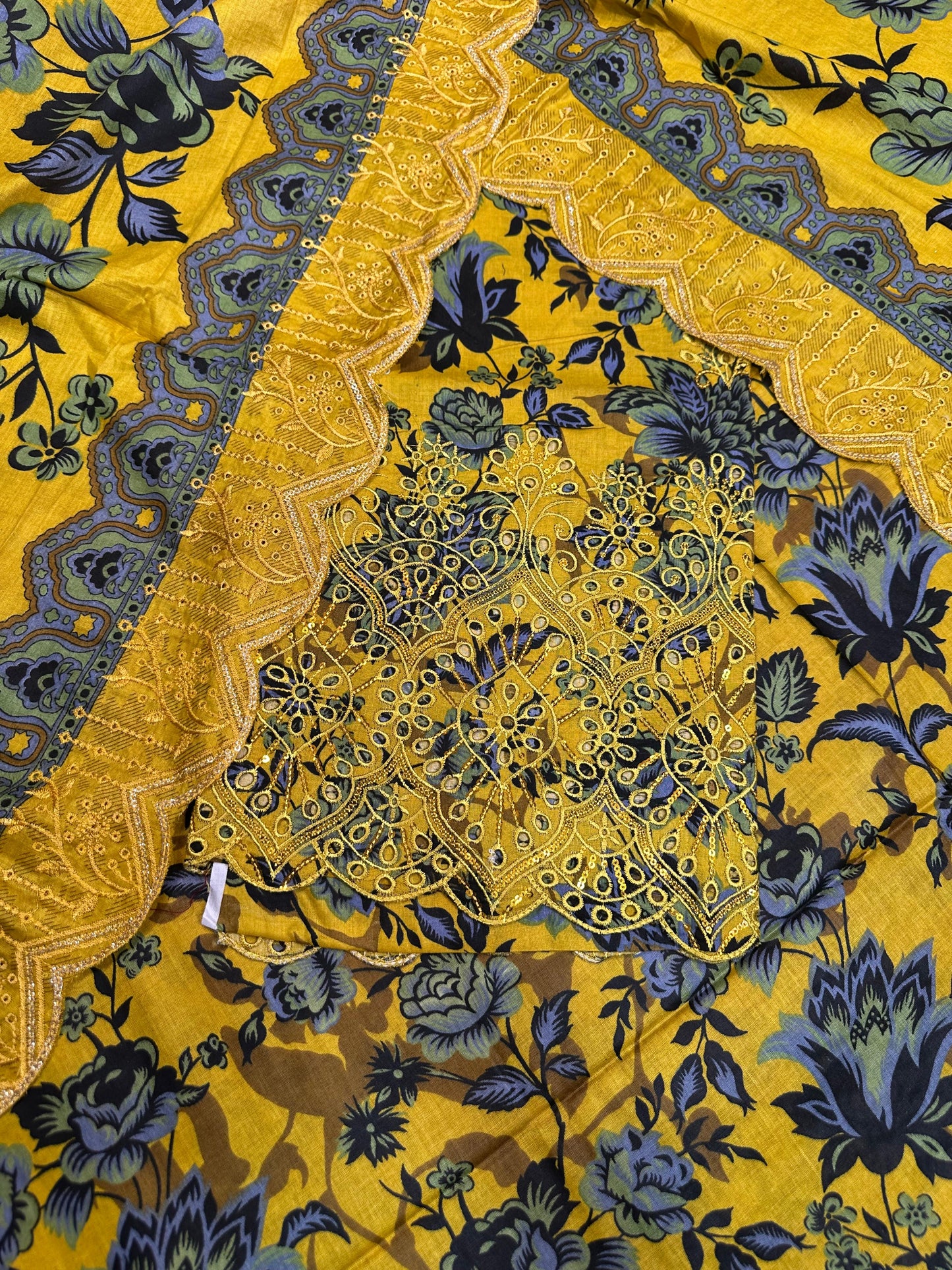 Yellow-Black Printed Chikan Kari 3 Pcs
