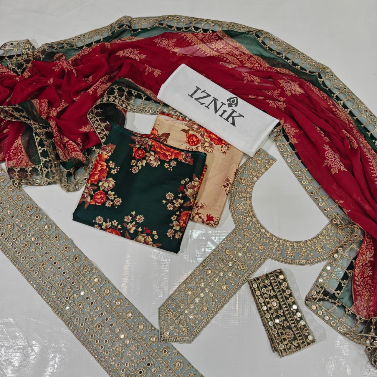 Iznik Printed Embroidered Lawn 3PC Unstitched Memon Clothes