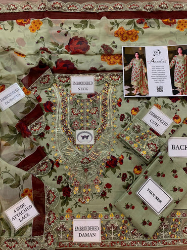 Aneela's Printed Embroidered Lawn 3PC Unstitched Memon Clothes
