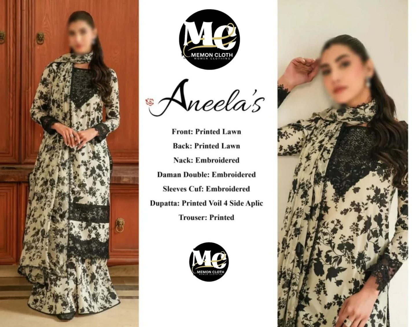 Aneela's Embroidered & Digital Printed Swiss Lawn 3 Piece - Memon Clothes