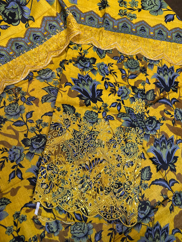 Yellow-Black Printed Chikan Kari 3 Pcs