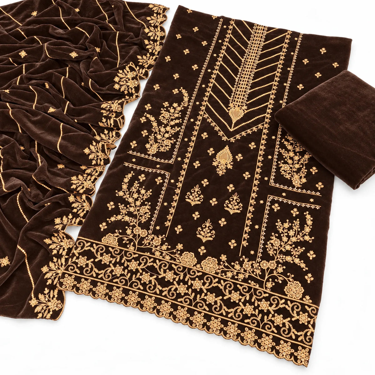 Velvet Fancy Embroidered 3PC | Brown
