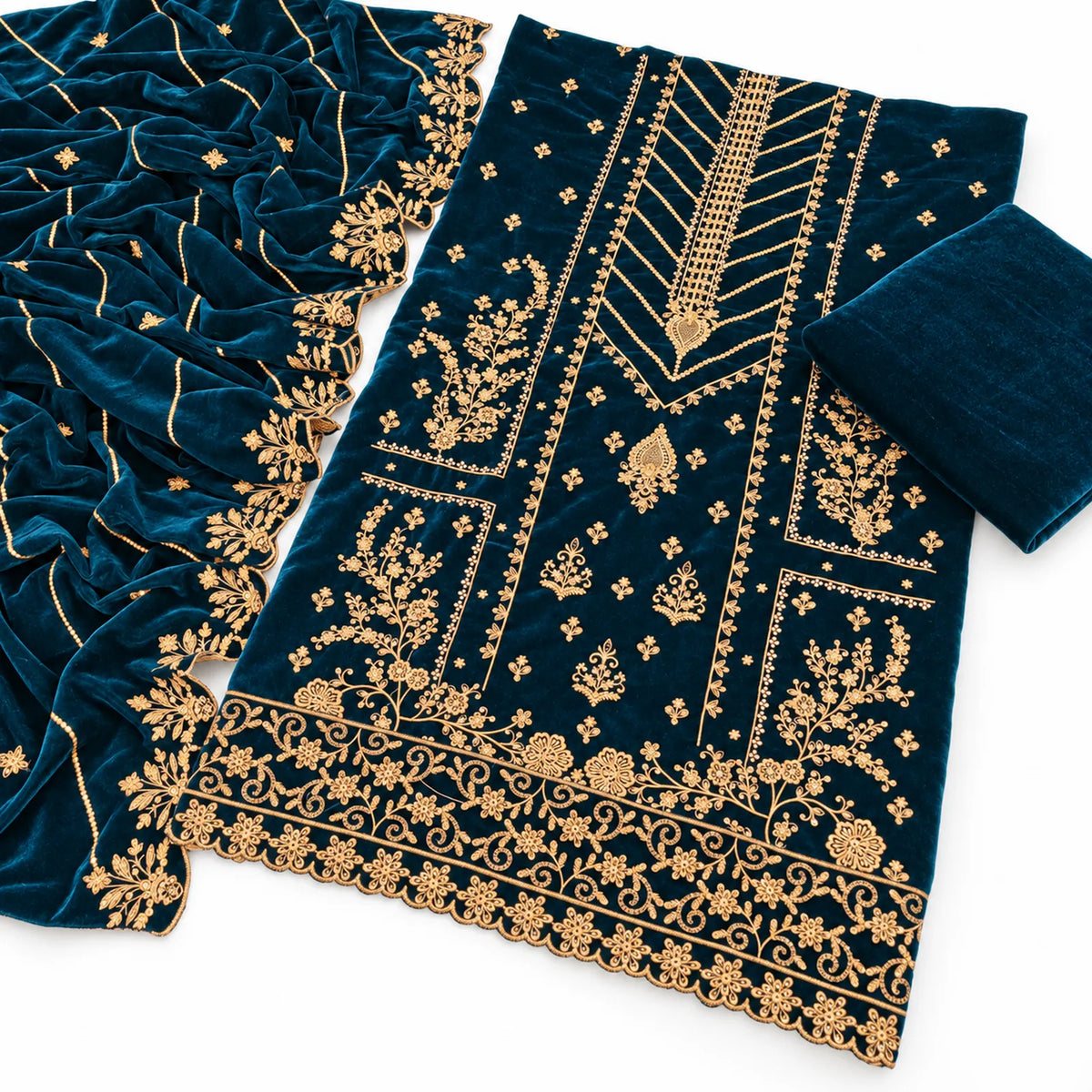 Velvet Fancy Embroidered 3PC | Zinc Blue
