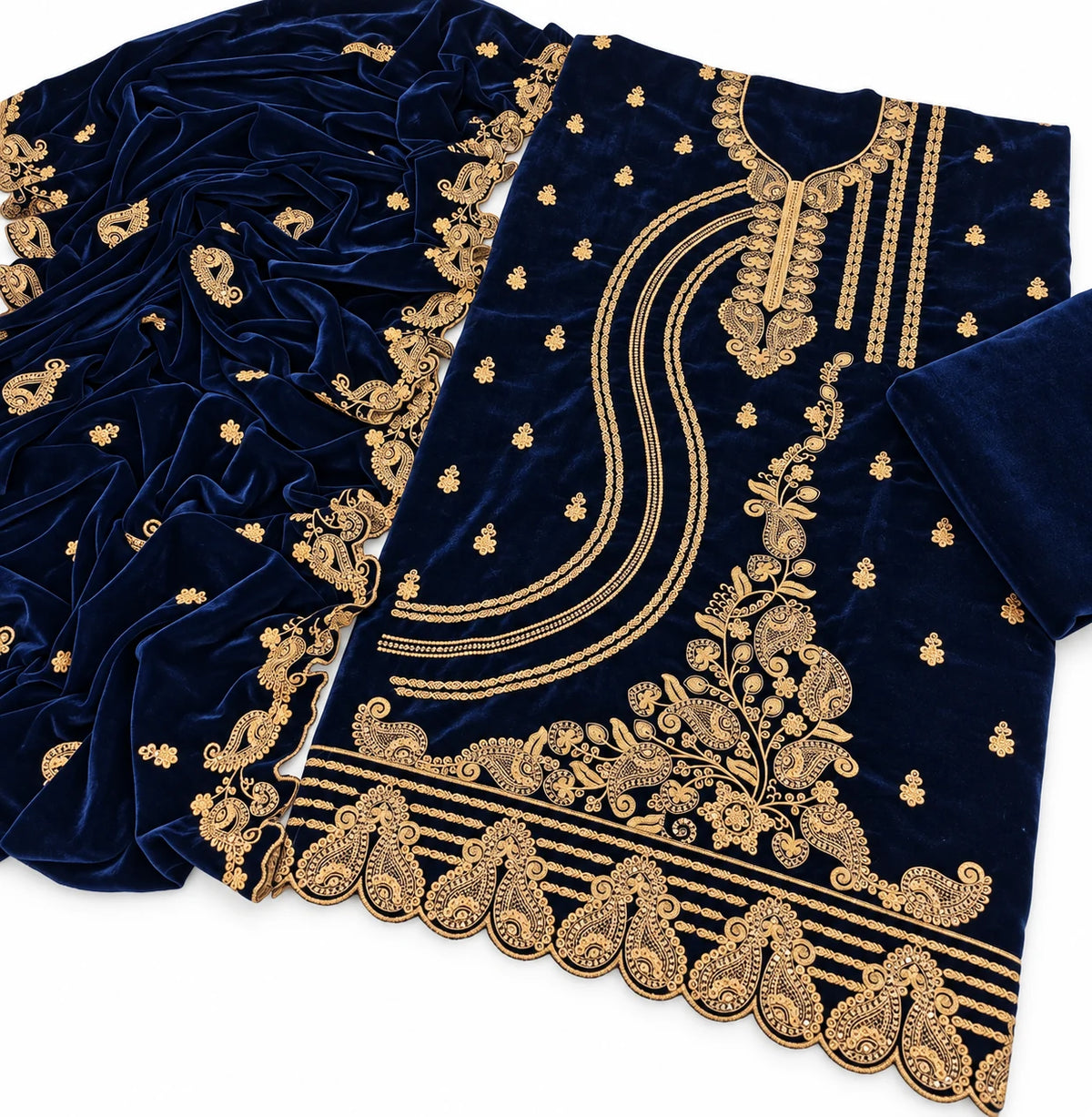 Velvet Fancy Embroidered 3PC | Navy Blue