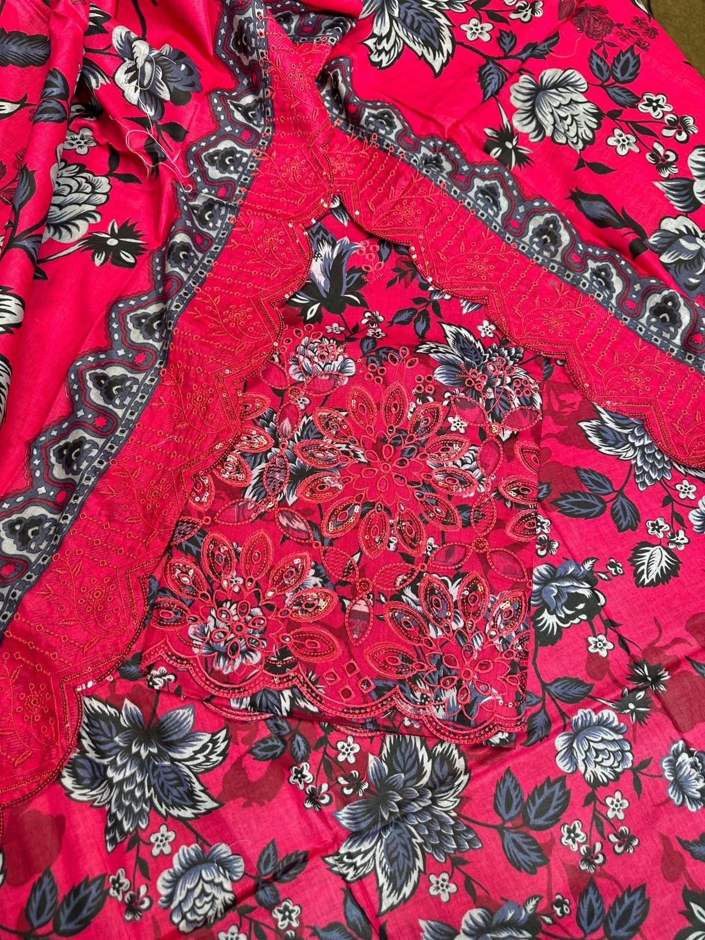 Red - Black Printed Chikan Kari 3 Pcs - Memon Clothes
