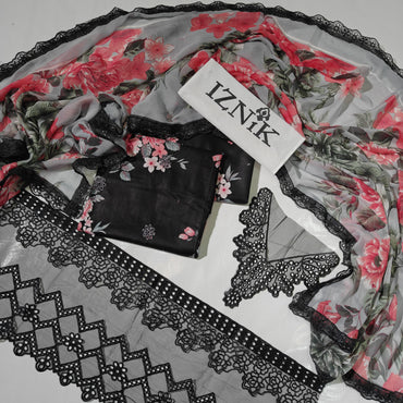 Iznik Black Printed Embroidered Lawn