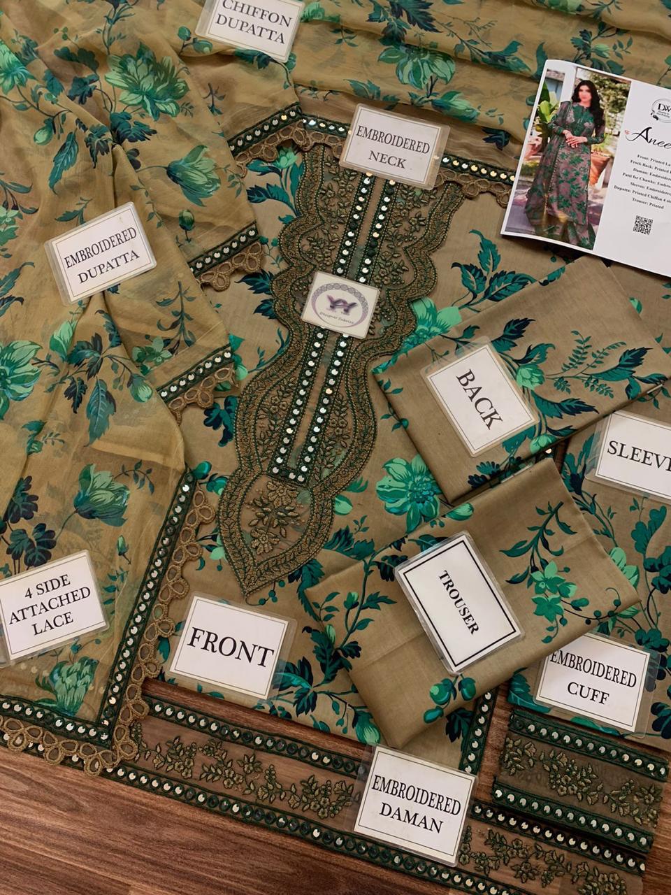 Aneela's Printed Embroidered Lawn 3PC Unstitched Memon Clothes