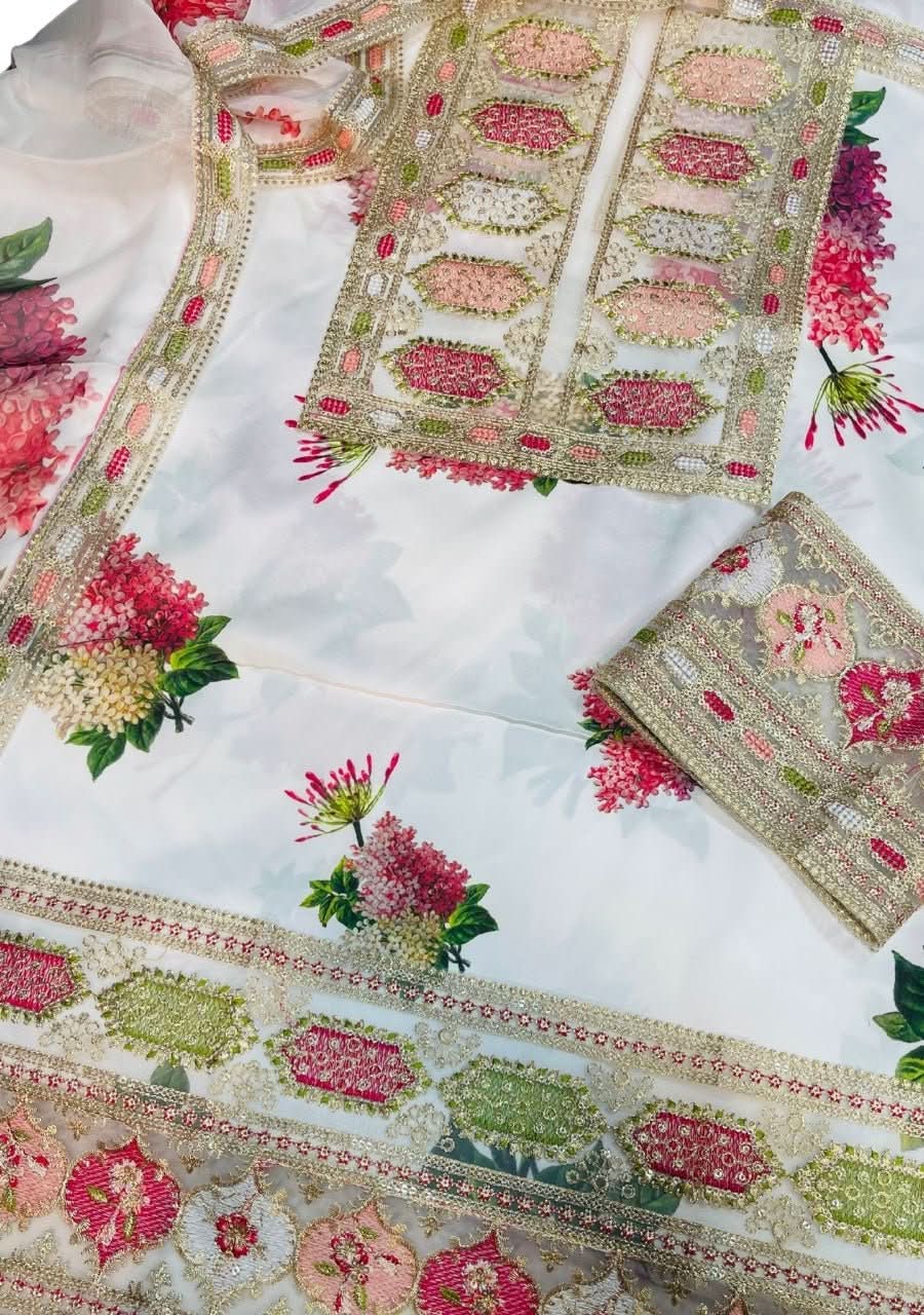 Sabaya Sachi Printed Silk 3 Pcs | White - Memon Clothes