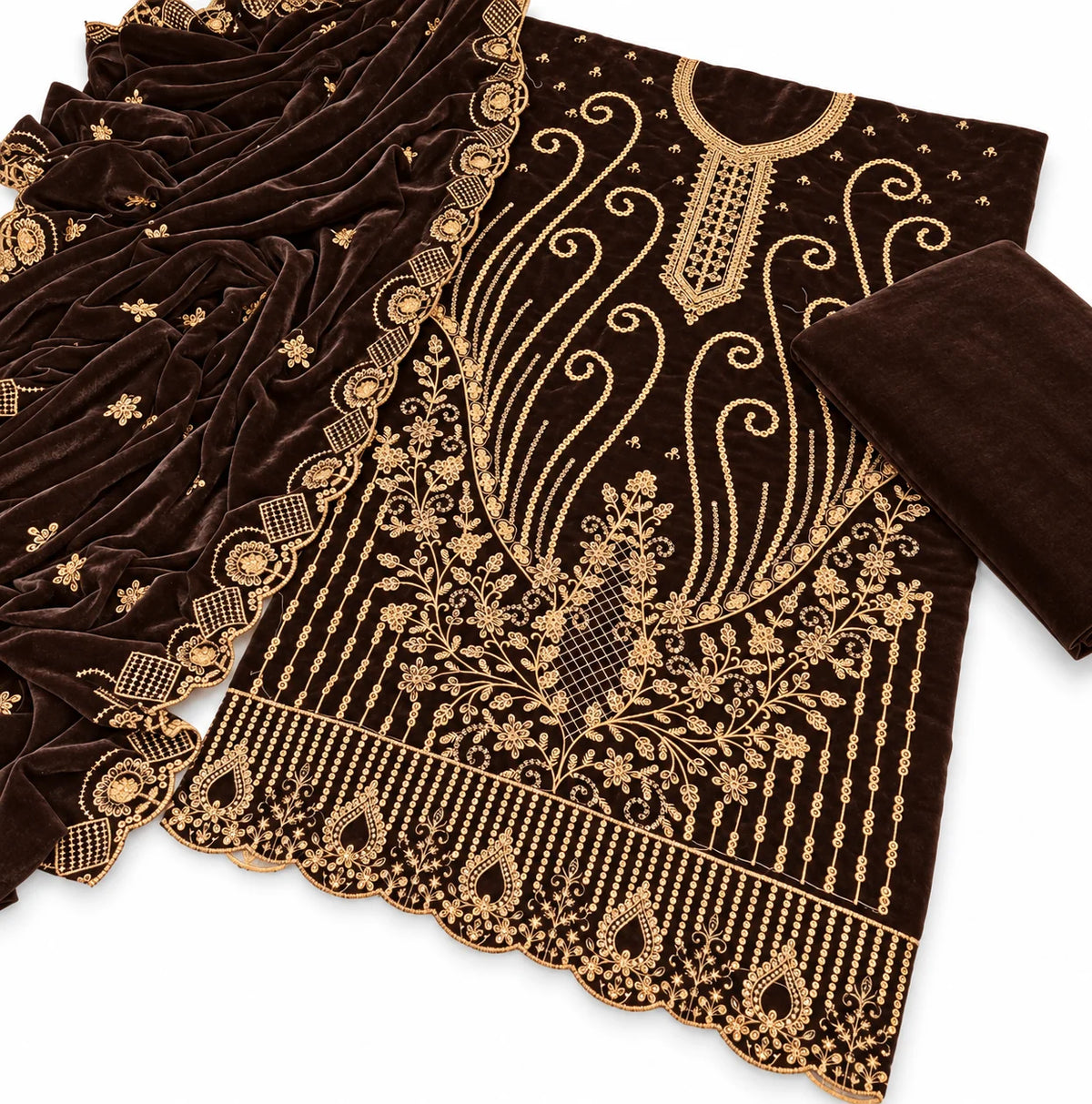 Velvet Fancy Embroidered 3PC | Brown