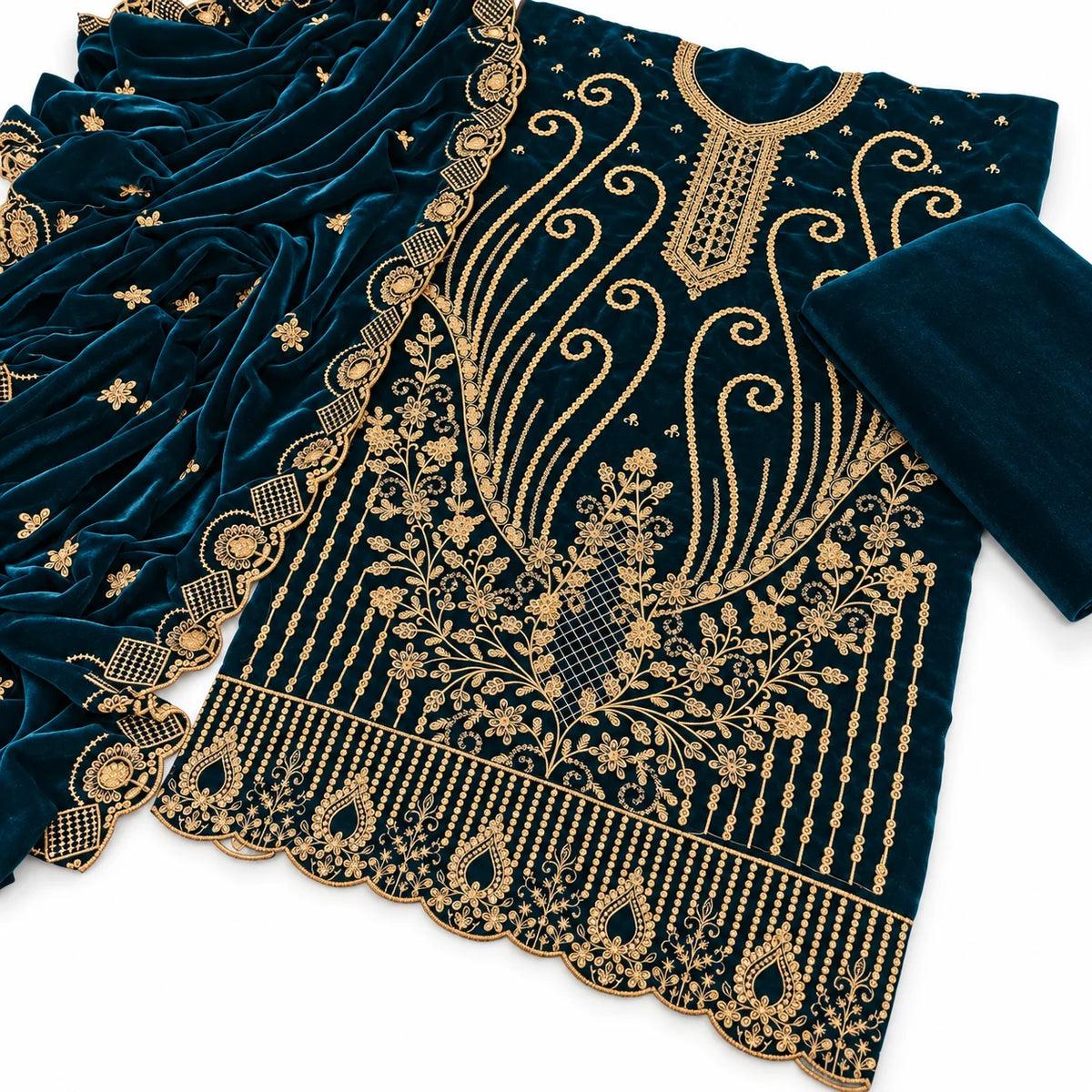 Velvet Fancy Embroidered 3PC | Zinc Blue
