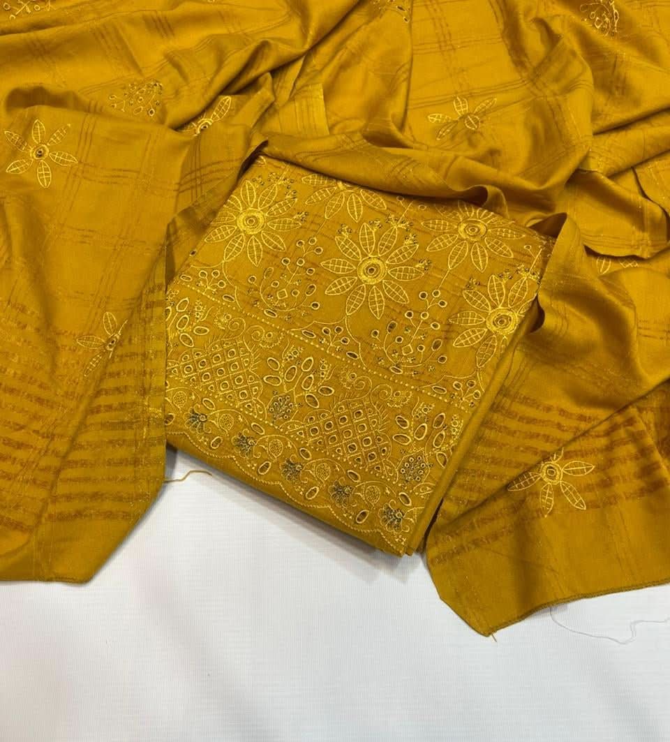 Uzma Dhanak Embroidered 3Pc | Yellow - Memon Clothes