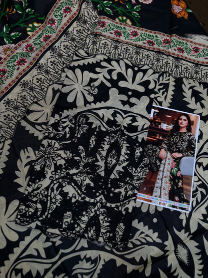 Black-White Printed Chikan Kari 3 Pcs
