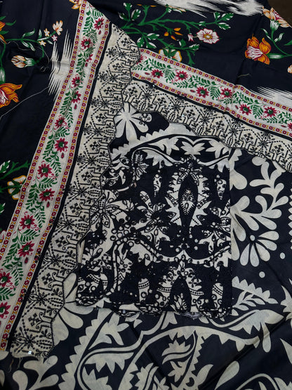 Black-White Printed Chikan Kari 3 Pcs