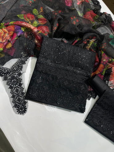 Ramsha Embroidered Cotton Printed Dupatta | Black