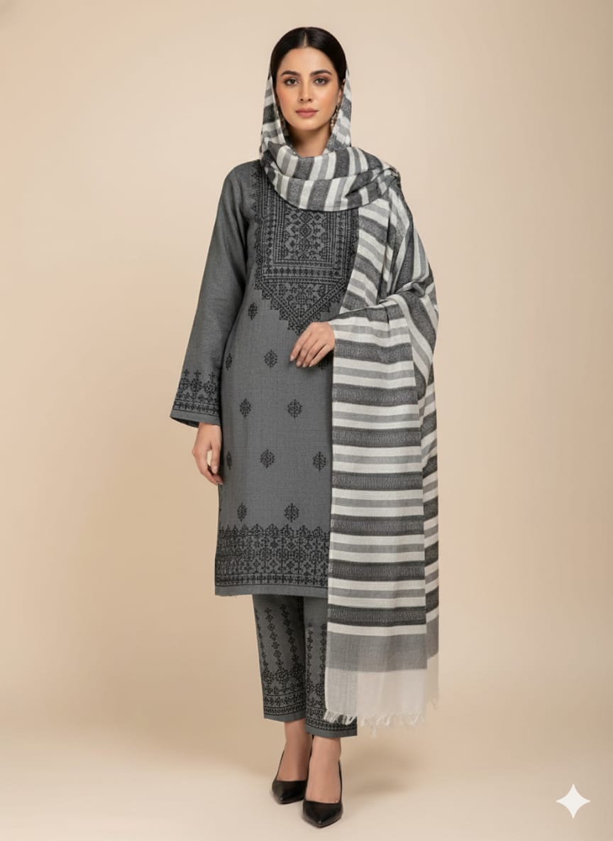 Khaddhar Luxury Unstitched 3 Pcs | Grey-Black