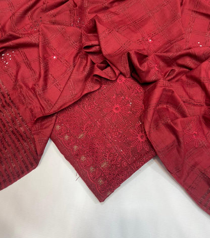 Uzma Dhanak Embroidered 3Pc | Maroon