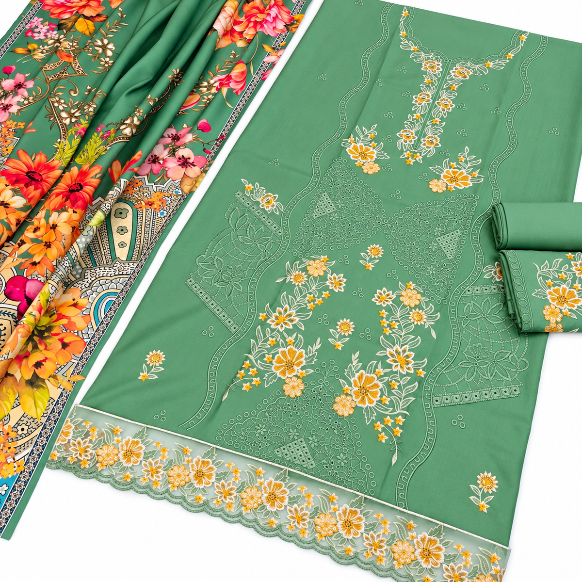 Dhanak Fancy Embroidered 3PC | Jade