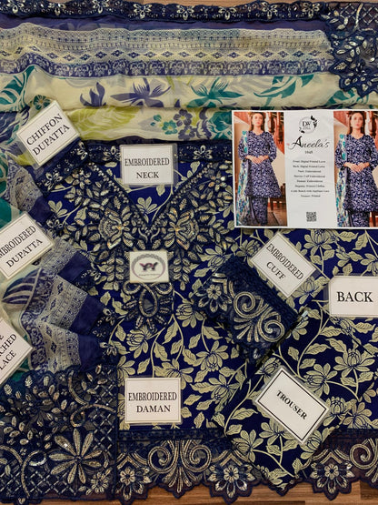 Aneela's Embroidered Printed Lawn 3PC Unstitched