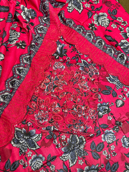Red-Black Printed Chikan Kari 3 Pcs