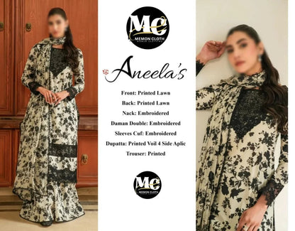 Aneela's Embroidered & Digital Printed Swiss Lawn 3 Piece - Memon Clothes