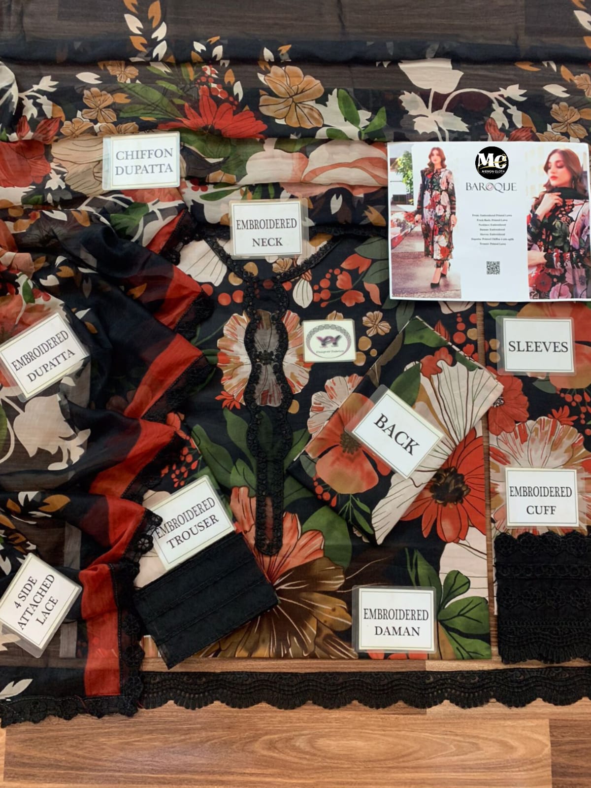 Baroque Black Multi - Flower Embroidered Lawn - Memon Clothes