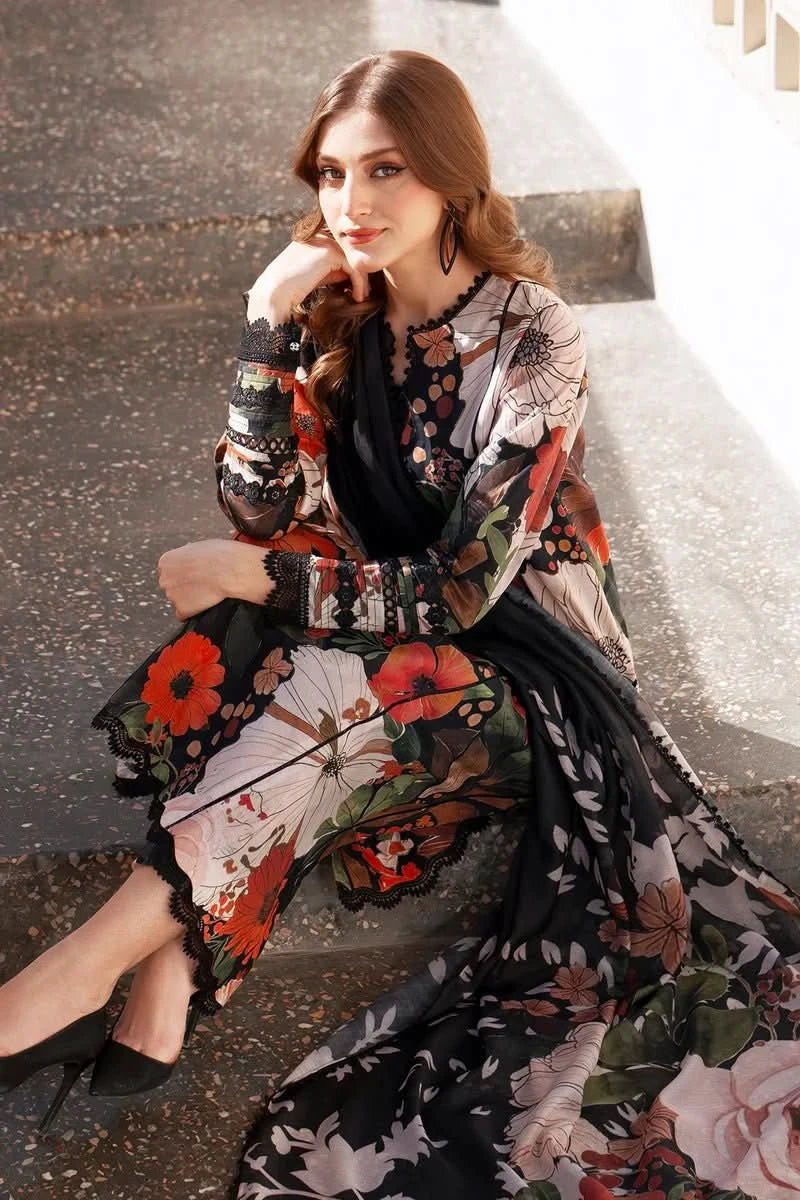 Baroque Black Multi - Flower Embroidered Lawn - Memon Clothes