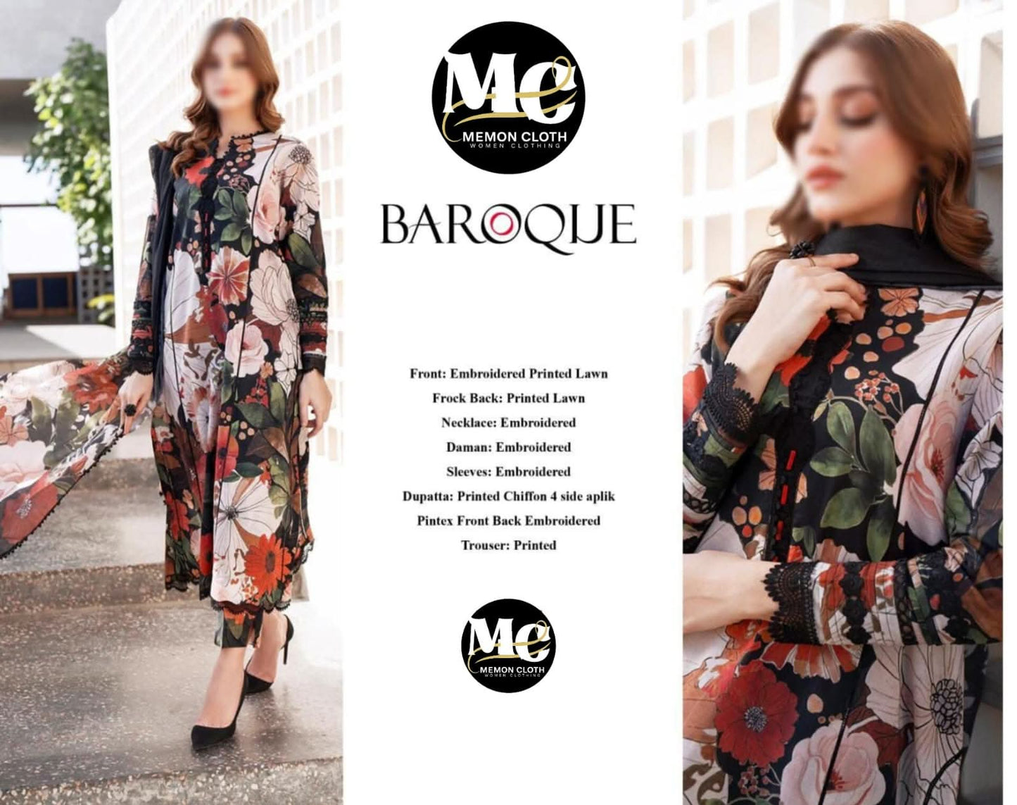 Baroque Black Multi - Flower Embroidered Lawn - Memon Clothes