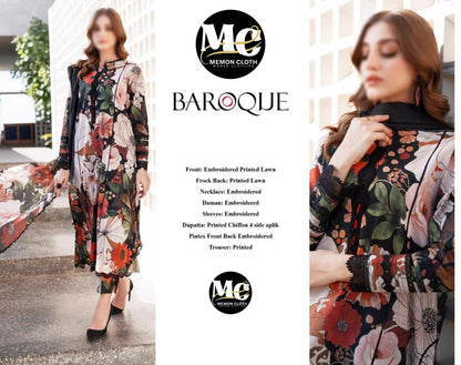 Baroque Black Multi - Flower Embroidered Lawn - Memon Clothes