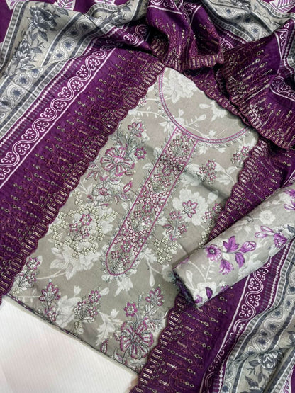 Bin Saeed Printed Embroidered Cotton 3PC - Memon Clothes