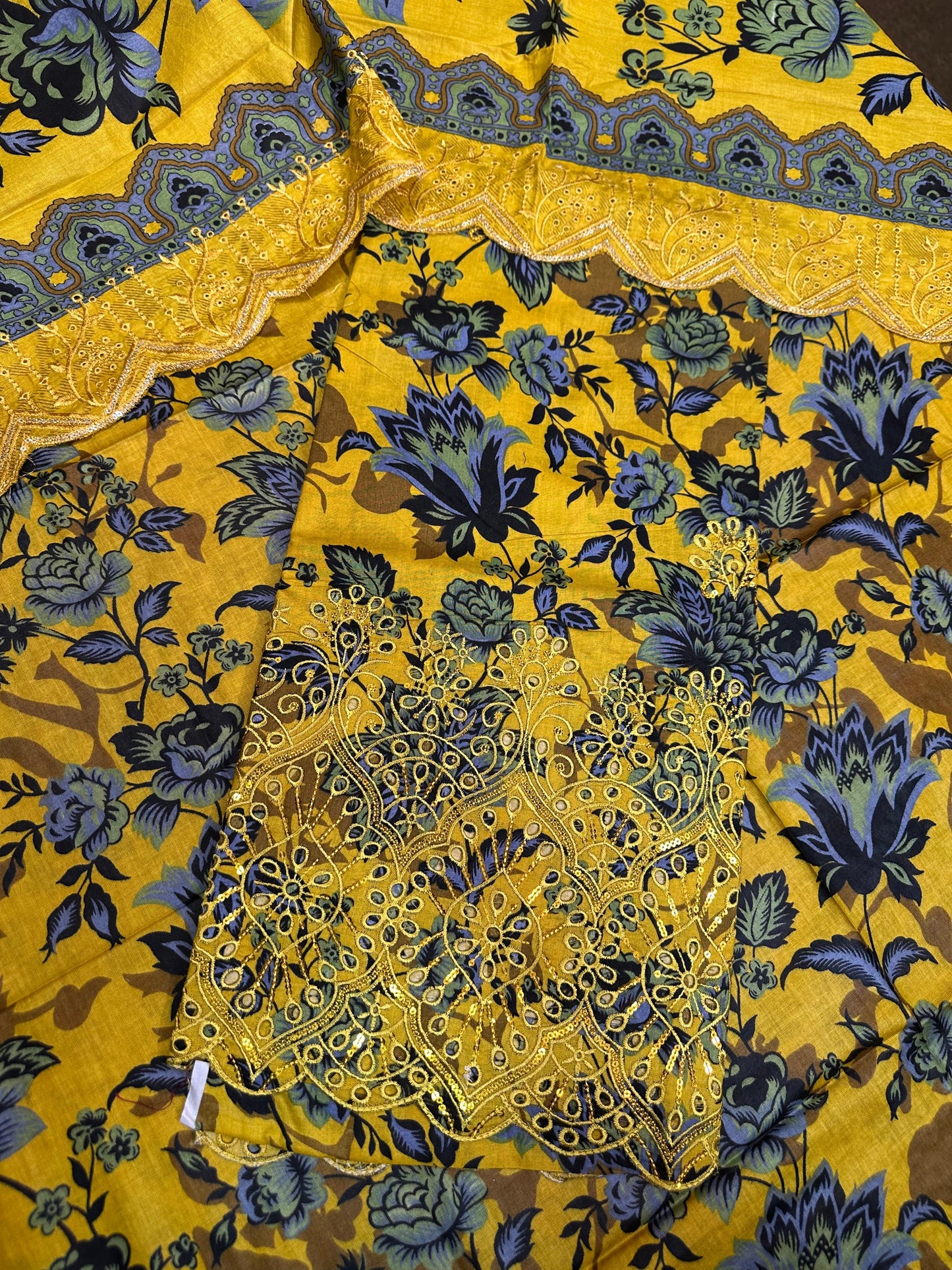 Yellow-Black Printed Chikan Kari 3 Pcs