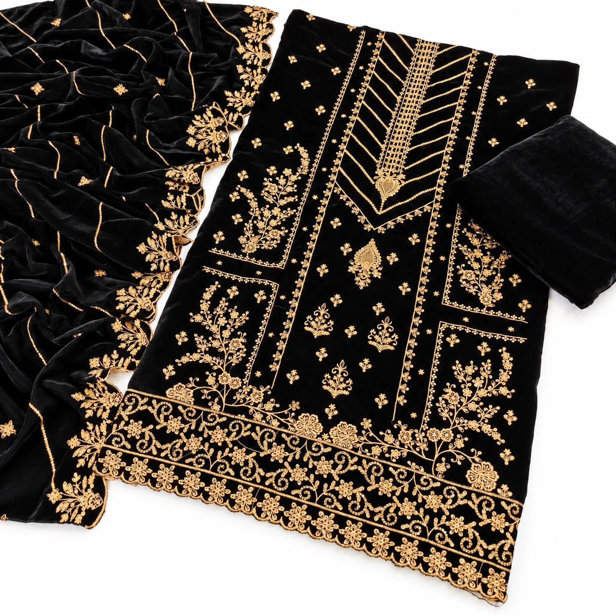 Velvet Fancy Embroidered 3PC | Black