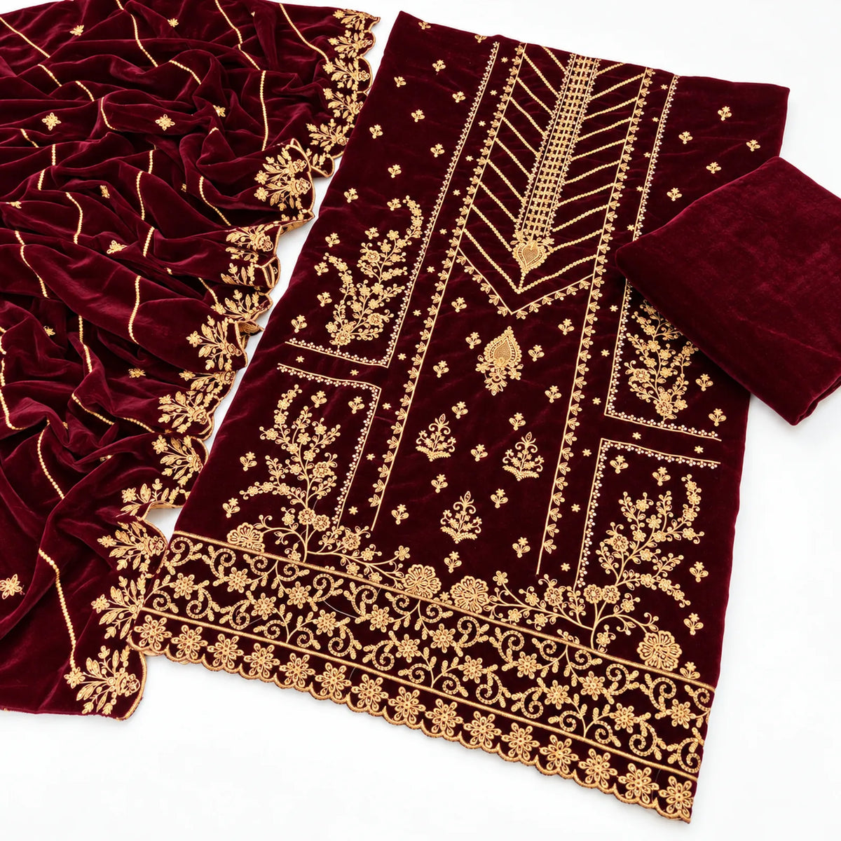 Velvet Fancy Embroidered 3PC | Maroon
