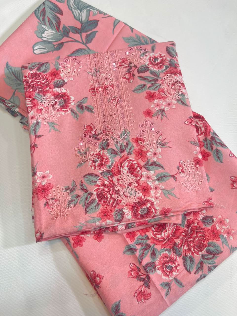 Dhanak Daman Chikankari Printed Embroidered 3Pc - Memon Clothes