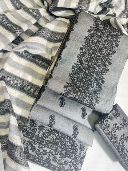 Khaddhar Luxury Unstitched 3 Pcs | Grey - Black - Memon Clothes