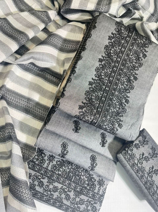 Khaddhar Luxury Unstitched 3 Pcs | Grey - Black - Memon Clothes