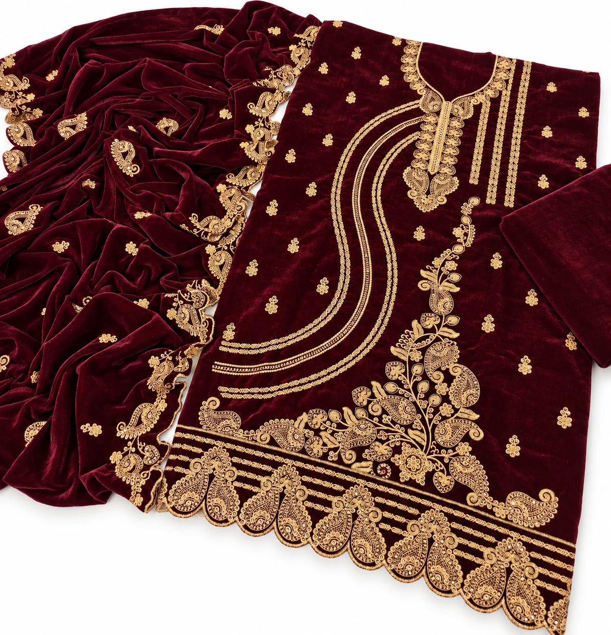 Velvet Fancy Embroidered 3PC | Maroon