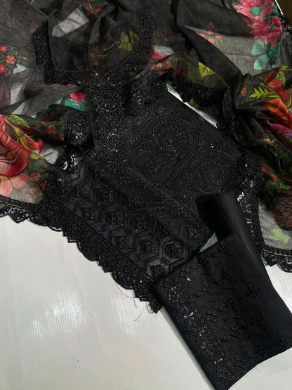 Ramsha Embroidered Cotton Printed Dupatta | Black - Memon Clothes
