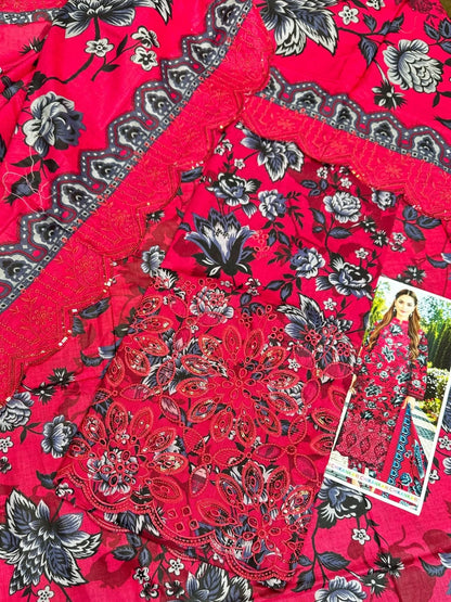 Red - Black Printed Chikan Kari 3 Pcs - Memon Clothes