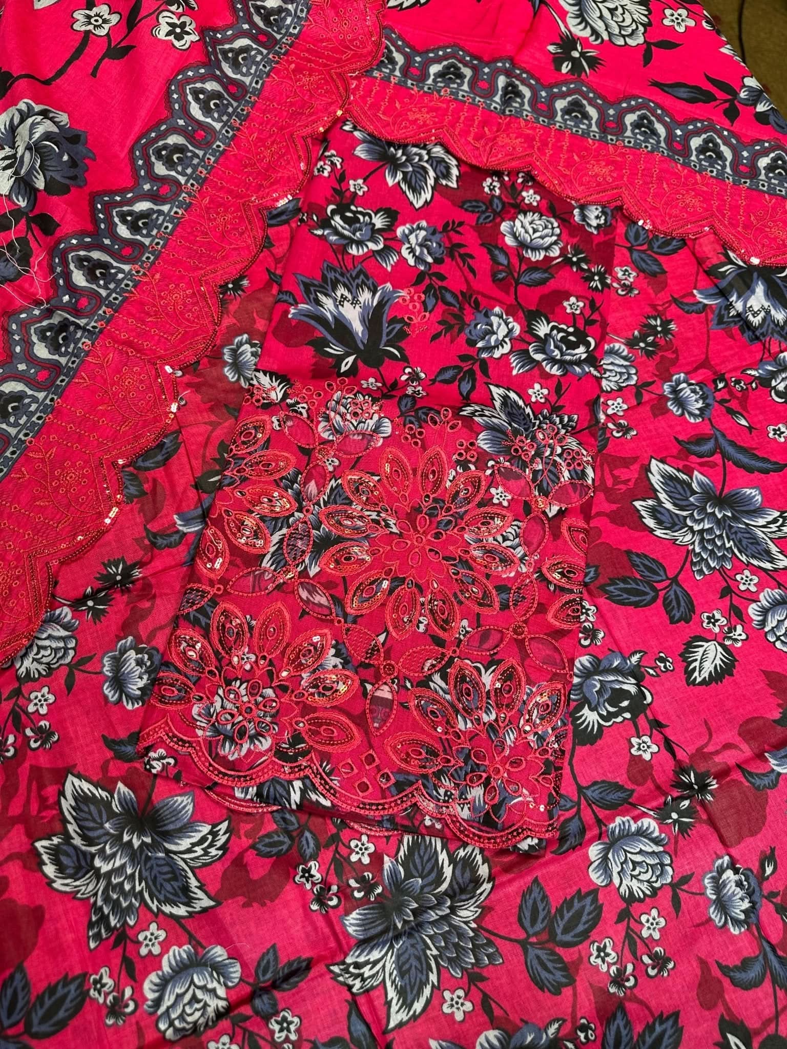 Red - Black Printed Chikan Kari 3 Pcs - Memon Clothes