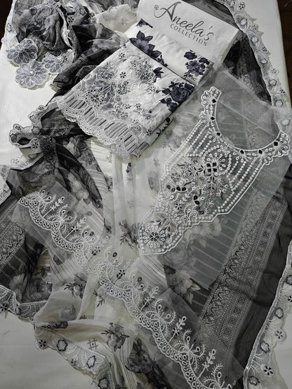 Aneela's Printed Embroidered Lawn 3PC Unstitched Memon Clothes