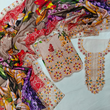 Aneela's Printed Embroidered Lawn 3PC Unstitched Memon Clothes