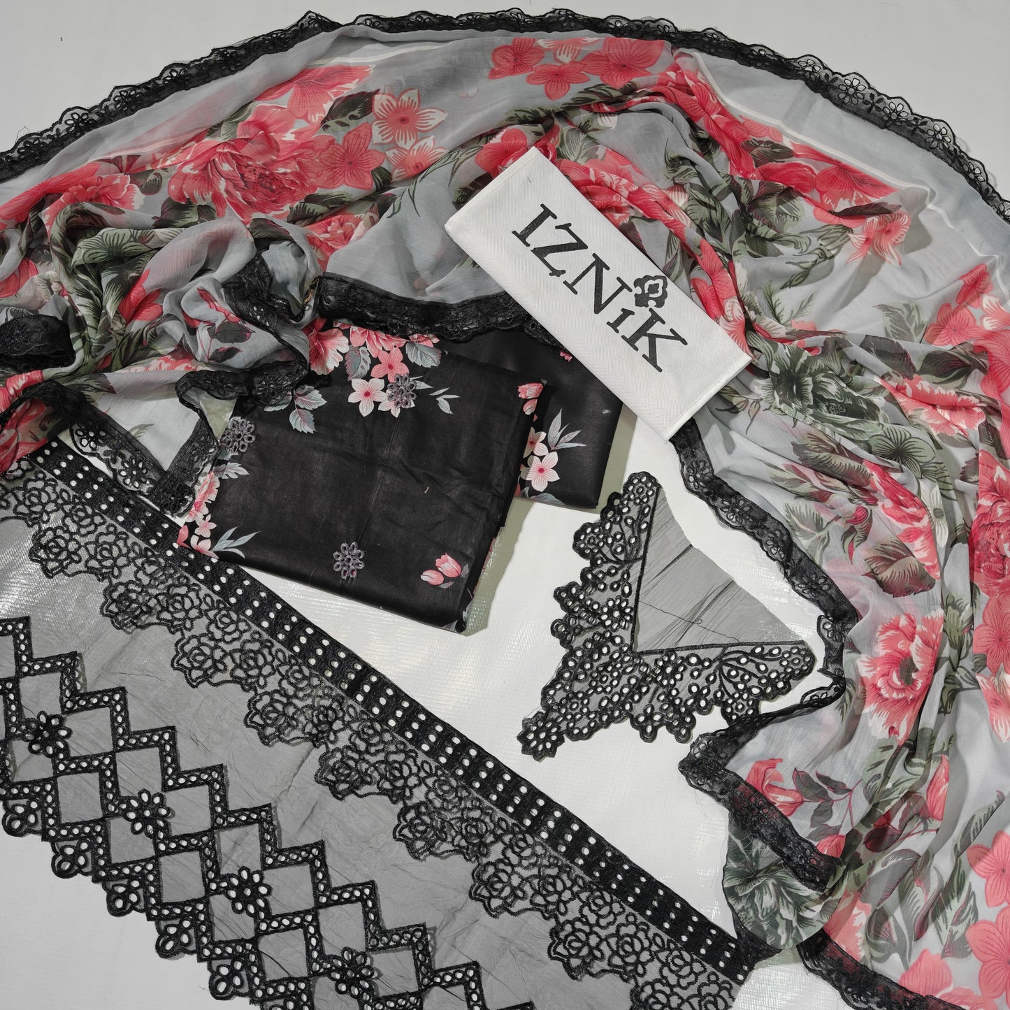 Iznik Black Printed Embroidered Lawn