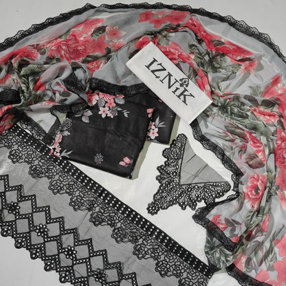 Iznik Black Printed Embroidered Lawn