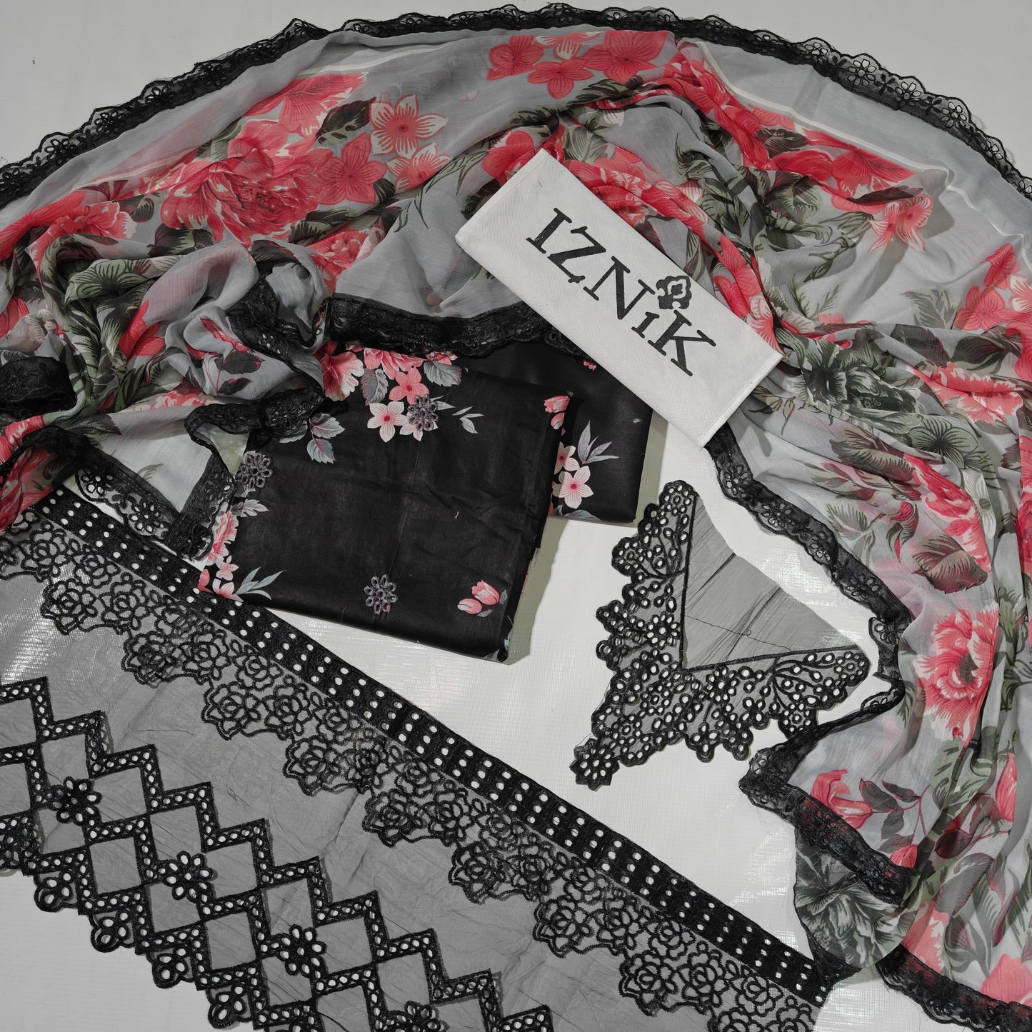 Iznik Black Printed Embroidered Lawn