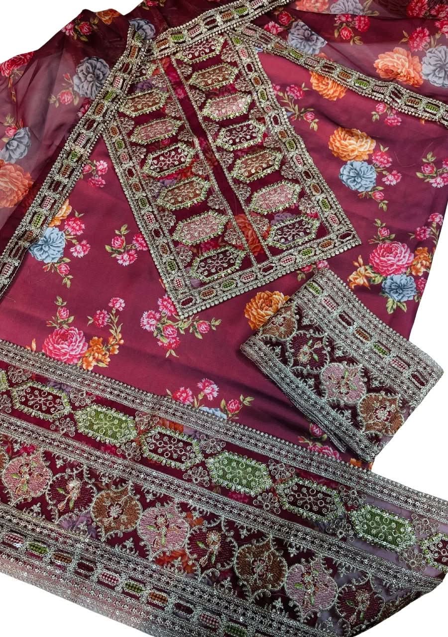 Sabaya Sachi Printed Silk 3 Pcs | Maroon - Memon Clothes