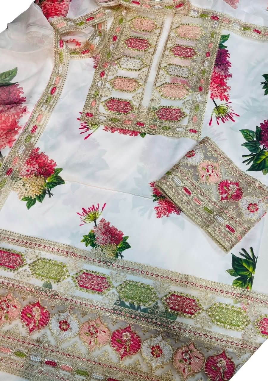 Sabaya Sachi Printed Silk 3 Pcs | White - Memon Clothes