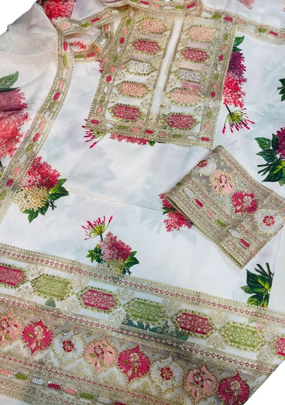 Sabaya Sachi Printed Silk 3 Pcs | White - Memon Clothes