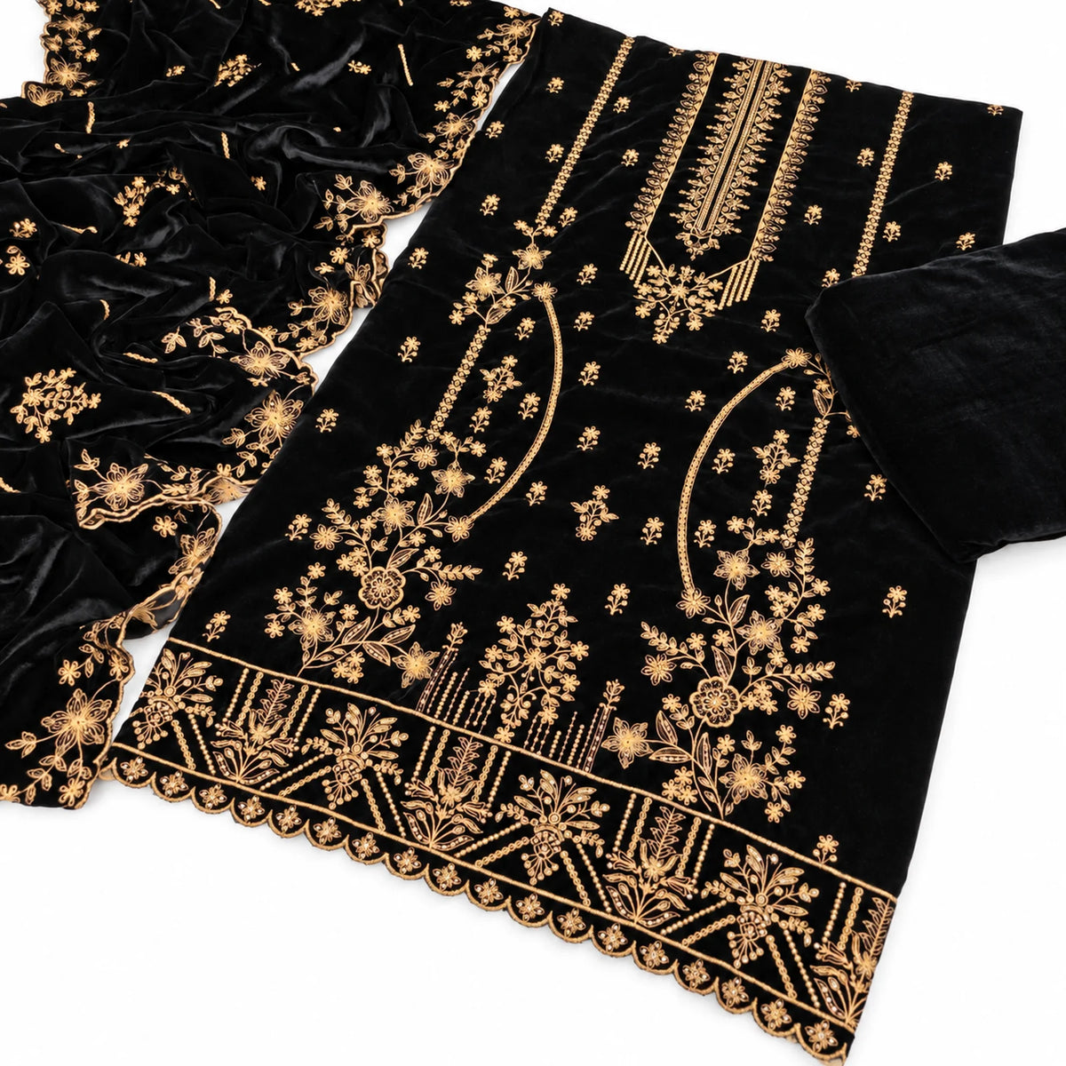 Velvet Fancy Embroidered 3PC | Black