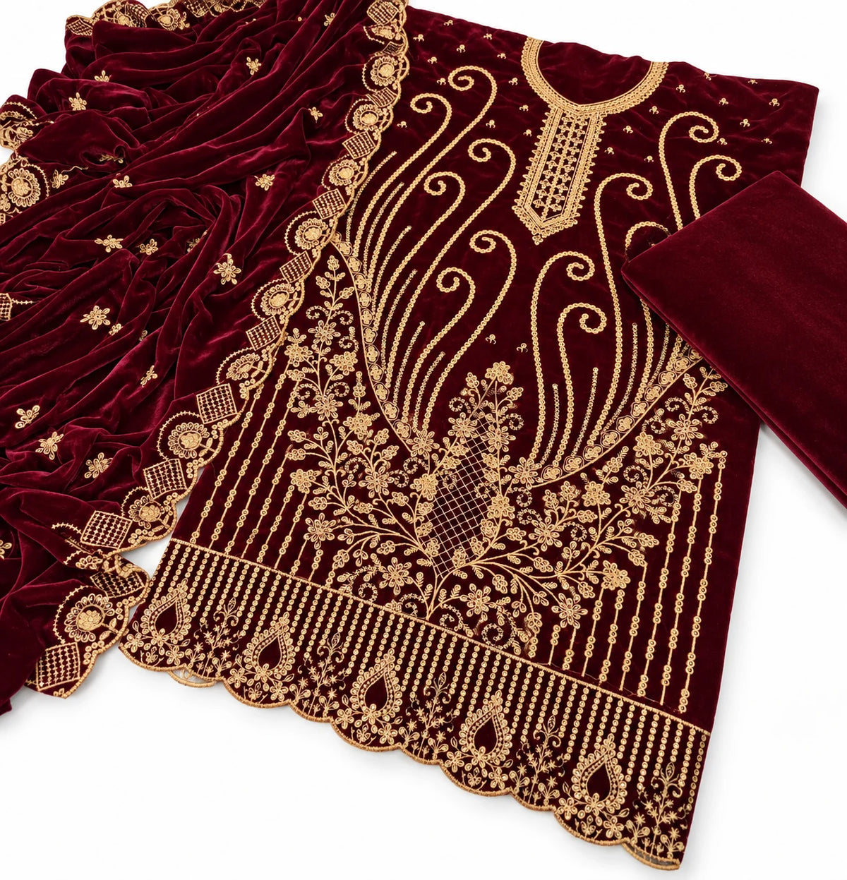 Velvet Fancy Embroidered 3PC | Maroon